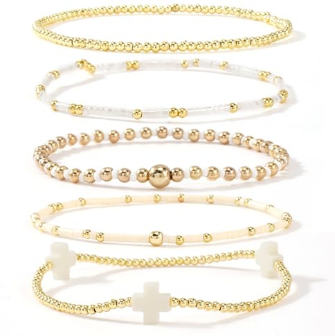 Bohxantium Gold Beaded Stretch Bracelets Stack for Women - 14k Gold Stackable Elastic Cross Bracelet, White Waterproof Stretchy Seed Beads Jewelry Christian Faith Friendship Summer Beach Mothers Day Gifts