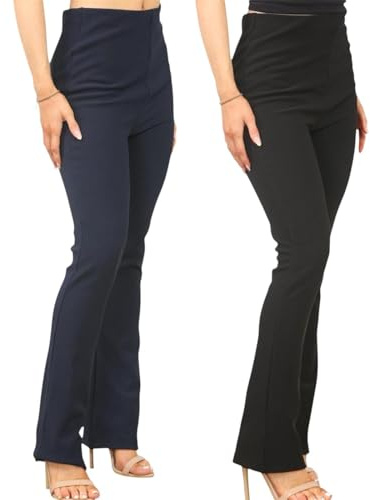 2 Pack Women's Bootcut Trousers Stretch Ribbed Material Elasticated Waist Work/Casual Wear Comfort Soft Pull On Bottoms Boot Leg Sizes 8-24 (UK, Numeric, 14, 26, 25, Inside Leg 29, 1Black & 1Navy)