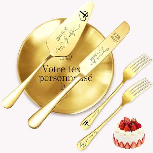 Ensemble de Couteau à Gâteau de Mariage Personnalisé – Service avec Plateau Gravé Cadeau de Mariage pour Fiançailles, Anniversaires et Célébrations (Ensemble de 5 pièces en or)