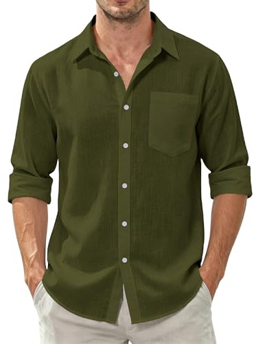 Dybycit Men's Cotton Linen Shirts Long Sleeve Regular Fit Lightweight Solid Color Summer Beach Shirt
