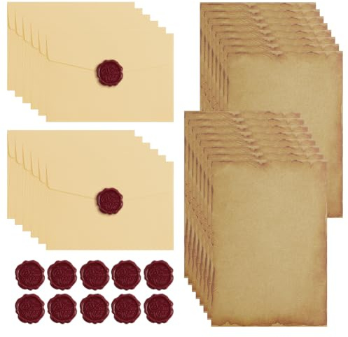 AOOSU 40 Pezzi Kit per Scrivere Lettere Antiche, con 12 Buste Vintage, 16 Carta da Lettere Vintage 12 Sigilli di Cera, Adatto per Inviti, Regali, Matrimoni, Compleanni