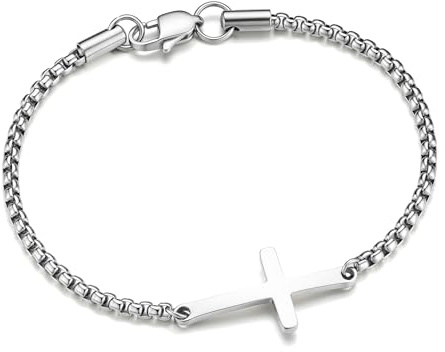 TINGN Pulseras para hombre de acero inoxidable 316L para hombre, pulsera cubana Figaro Box Tank Chain Cruz, regalo para hombres, padre, novio, hermano