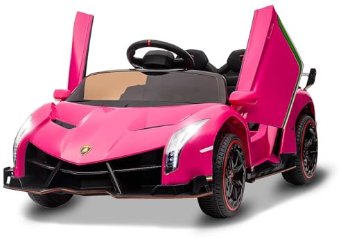 Coche eléctrico Infantil Lamborghini con Mando a Distancia 2.4G – 12V, 2 Motores (3-7 km/h), claxon, Bluetooth y USB, música, Marcha adelante/atrás (Rosa)
