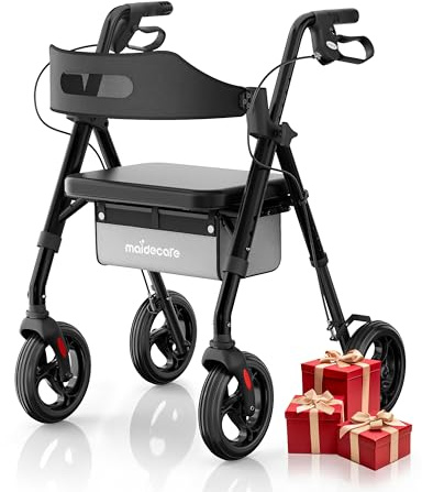 Andador para Ancianos con Asiento Plegable, Manillar y Asiento Regulables en Altura, Caminadores para Mayores, Ayuda para Caminar Ligera con Freno, Ruedas 8 Todoterreno, Negro