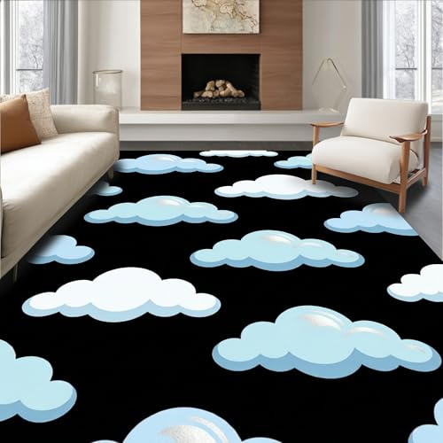 Design&I Low Pile Flatwoven Area Rug 5x7, Whimsical Cloud Motif Door Jumper with Bouncing Activity Center, Machine Washable, Stain Resistant Indoor Rug for Living Room, Bedroom, Non Slip(Black, 5x7)