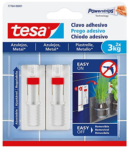 Tesa Chiodo Adesivo per Quadri - Piastrelle e Metallo – Altezza Reglabile – Chiodo Autoadesivo – per Quadri e Telai – Forza fino a 3 kg per Chiodo – Non Lascia Tracce