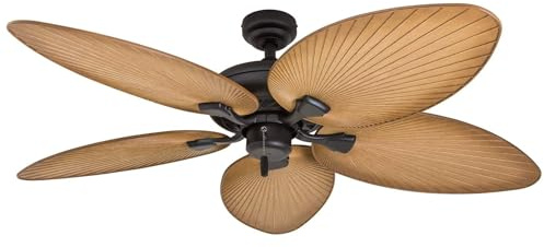 Honeywell Ceiling Fans Palm Island, 52 Inch Tropical Indoor Outdoor Ceiling Fan with No Light, Pull Chain, Two Mounting Options, 5 Palm Leaf Blades, Damp-Rated - 50505-01 (Bronze)