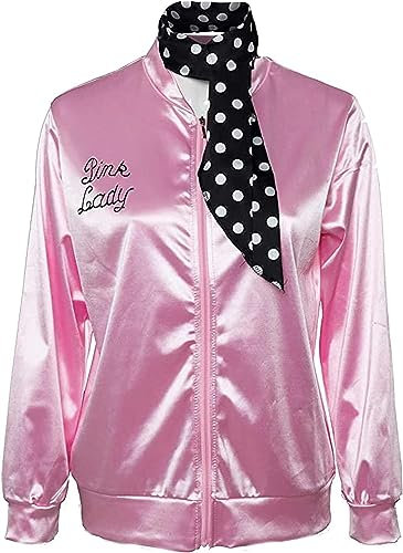 Women Ladies Costume 50s Sandy Pink Satin Jacket with Neck Scarf Halloween Costume Fancy Set,M