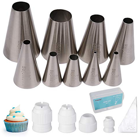 Kasmoire 9 Pcs Round Piping Tip,Macaron Piping Tip,Cake and Cookie Decorating Plain Tube Set