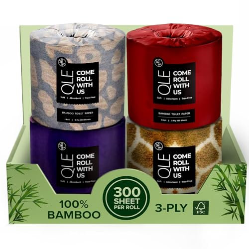 QLE Bamboo Toilet Paper 4 Pack 3 Ply 300 Sheets Bamboo RV Toilet Paper Rolls - Organic Chemical Free Toilet Paper, Hypoallergenic Toilet Paper Bamboo Soft, Compostable Septic Safe Plant Toilet Paper