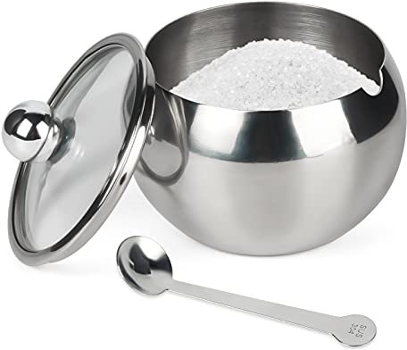 Hanmir Sugar Bowl, Stainless Steel Sugar Pot with Clear Lid and Spoon, Drum Shape Small Condiment Container for Home and Kitchen, 8.1 Ounces(240 Milliliter)