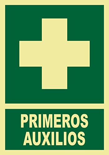 Seribas Señal Primeros Auxilios, Fotoluminiscente Clase B, Cartel PVC 0,7 mm. Tamaño A4 21 x 30 cm, Homologada, Señal Evacuación, Emergencia.