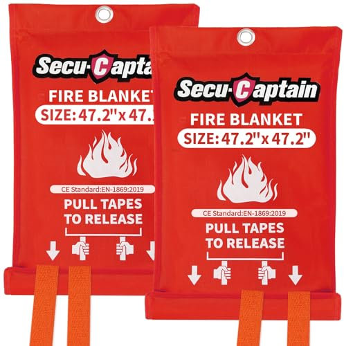 SecuCaptain Manta ignífuga de Emergencia para el hogar, Paquete de 2 Mantas ignífugas Grandes de 47.2 x 47.2 Pulgadas con pestañas ignífugas para casa, Camping, Cocina, protección contra Incendios,