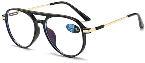 ABETOS Pilot Occhiali da lettura da uomo e donna, filtro luce blu, stile retrò, alla moda, da pilota, con aiuto per la lettura, con bordo pieno, nero lucido, 1.5
