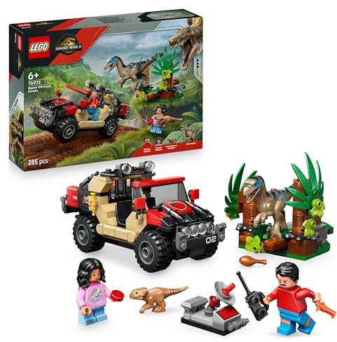 LEGO Jurassic World Huida en Todoterreno y Raptor al Acecho - 2 Figuras de Dinosaurios, Coche de Juguete y 2 Minifiguras - Regalo para Niños de 6+ Años y Fans de la Película 76972