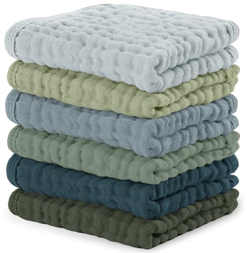 Comfy Cubs Muslin Cloths for Baby Pack of 6 - Soft 6-Layer Cotton for Delicate Skin - 25 x 25 cm Large Size - Absorbent, Durable, Gentle Wash Cloth for Newborns and Toddlers - Multi Boy