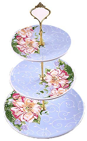 GAROEN Alzata per Torta in Ceramica a Tre Strati Rosa Blu Bicolore Alzata per Torta tè pomeridiano Dessert Frutta Espositore (Blu 23X37CM)