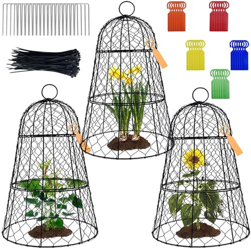 3 Pack 45*29*29cm Garden Cloches for Plants,Upgraded Triple Combination,Rustproof Chicken Wire Cloches Flip-Top Design,Plant Protector Cage from Animals,Ideal for Outdoor Plant Protection
