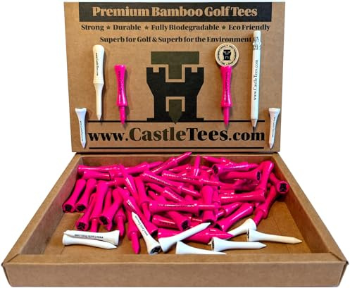 Castle Tees Ufficiale rosa 50 pezzi x 60 mm 2 1⁄3 pollici rosa Premium Bamboo Golf Tee con uno strumento di riparazione del passo gratuito, marcatore palla e matita. Due volte la forza del bambù