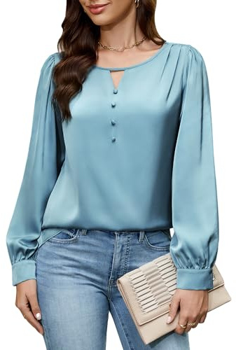 Blooming Jelly Womens Business Casual Tops Dressy Silk Work Outfits Long Sleeve Shirts Professional Clothes S, Turquoise