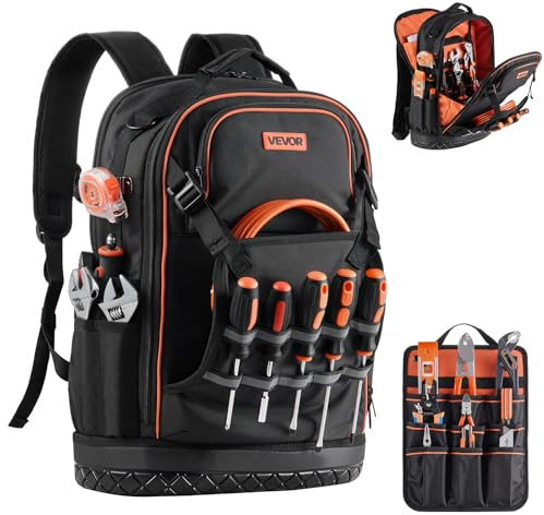 VEVOR Werkzeugrucksack, 65 Taschen, Werkzeug-Aufbewahrungs-Organizer, Backpack mit Laptopfach & geformtem Boden, Baustellenrucksack für Elektriker, Reparaturarbeiter & Heizungstechniker