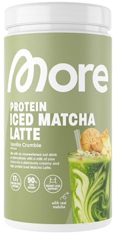 MORE Protein Iced Matcha Latte, 500g, Vanilla Crumble, Matcha Grünteepulver mit wertvollen Proteinen, wenig Zucker und Fett - made in Germany