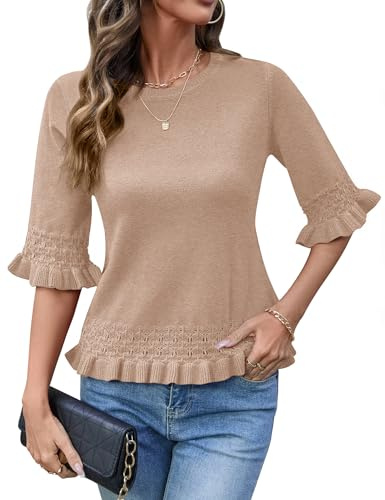 AKEWEI 3/4 Sleeve Spring Sweaters Pullover Spring Womens Tops Peplum Ruffled Blouses Teachers Outfits Light Khaki S