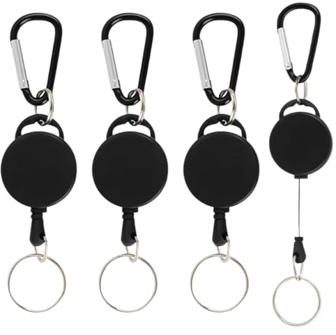 GNALIA Llavero Retráctil, 3 Unidades Color Negro, Cuerda De Acero Extensible 65Cm, Con Mosquetón Y Soporte Para Tarjetas De Identificación