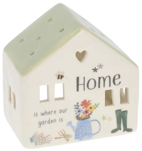 Shudehill Giftware Ceramic House Tealight Holder, White and Blue Garden Design, Decorative Candle Holder with Floral Motifs, Cottage Shape Home Decor