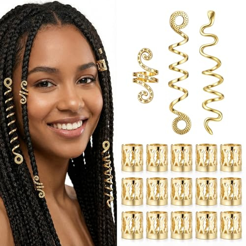 TIESOME Gioielli in oro Dreadlocks, 18 pezzi per capelli dorati per trecce, fermagli per capelli a spirale in metallo, accessori pirati, da donna, per feste, balli, matrimoni
