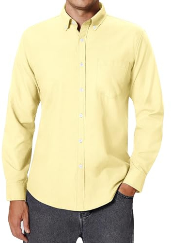 siliteelon Men's Oxford Shirts Long Sleeve Yellow Shirt Button Down Business Smart Casual Work Formal Fashion Regular Fit Dress Shirts M