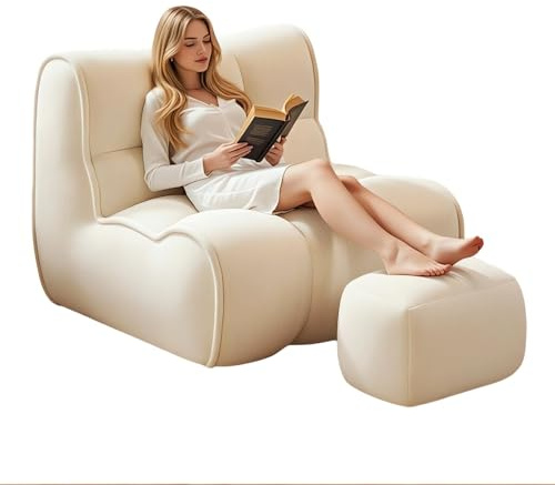 LYHOE LIVING Sillón Puff Moderno de Salón con Reposapiés, Sofá Puf de Tela Chenilla Suave, Relleno de Espuma Alta Elasticidad, Diseño Sin Estructura para Dormitorio y Sala de Estar (Color Crema)