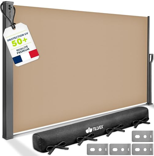tillvex® Toldo Lateral 200 x 300 cm Extensible y Opaco con Cubierta | Protección Visual para balcón, jardín y terraza | Estor Lateral con Soporte de Pared | Protección Solar de Acero Inoxidable