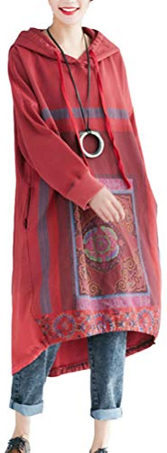 FTCayanz Women’s Oversized Sweatshirt Dress Hoodies Pullover Ethnic Printed Fall Dresses with Pockets Red