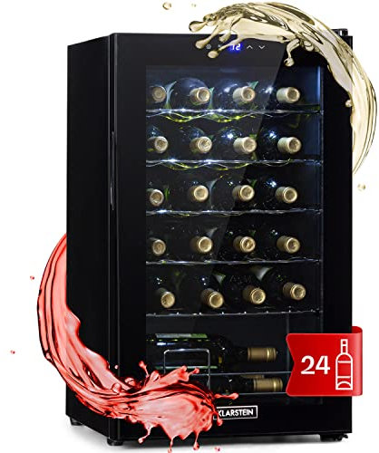 Klarstein Weinkühlschrank, 1 Zonen Getränkekühlschrank Klein, Kleiner Weinschrank 63L, Wein-Kühlschrank Klein mit Glastür, Indoor/Outdoor Flaschenkühlschrank, Wine Fridge 5-18°C, 24 Flaschen