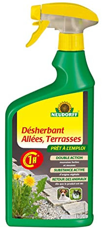 Neudorff Désherbant Allées Terrasses prêt à l'emploi, Pulvérisateur 1 l – Élimination des mauvaise herbes, Désherbant pulvérisateur, Désherbant total pour cours, trottoirs et terrasses