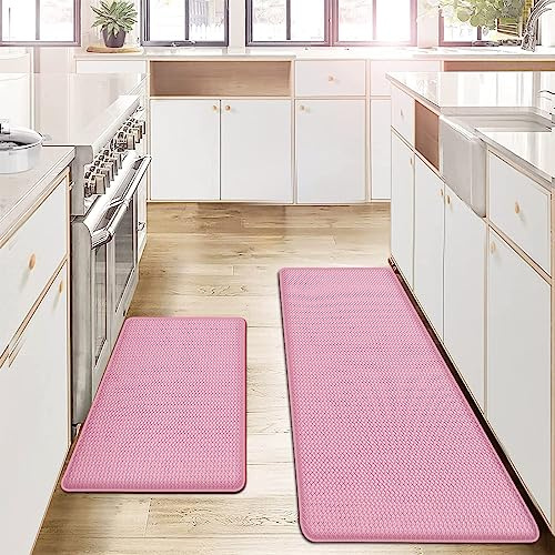 AUTODECO Kitchen Mats and Rugs Set of 2 - Cushioned Anti-Fatigue Kitchen Rug for Floor Washable 17x29 +17x59, PinkRed