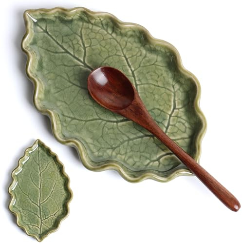 Ceramic Spoon Rest for Stove Top - Cute Green Leaf Shaped Spoon Rest/Spoon Holder for Kitchen Countertop - Cooking Kitchen Spoon Rest Utensil Rest Spatula Rest (Green)
