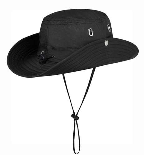 Rayson Sombrero de Pesca Hombre Mujer Gorra de Pescador Transpirable Sombrero de El Sol con Correa de Barbilla Protección UV Verano Boonie Gorra de ala Ancha para Aire Libre(Negro)
