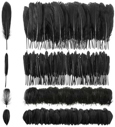 Geosar 300 Stück Federn zum Basteln Natur Gänsefedern Bastelfedern Dekorationen für Traumfänger Basteln Karneval Hochzeit Party Deko Handwerk Schmuck DIY Kleider Zubehör, 4 Größen(Schwarz)