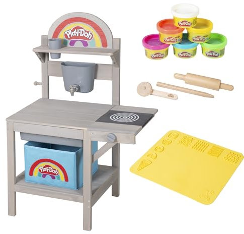 roba x Play-Doh Cuisine de Jeu en Bois FSC pour Intérieur et Extérieur - Inclus 1 Tapis 3D et 3 Outils de Modelage, 6 Pots de Pâte à Modeler et 1 Boîte de Rangement - Dès 3 Ans