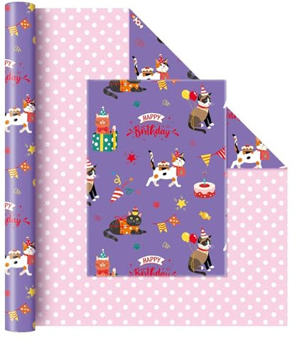WERNNSAI Katzen Geburtstags Geschenkpapier Jumbo Rolle – 1 Rolle 43 cm x 20 m Geburtstags Geschenkpapier rosa lila wendbares Katzen Geschenkpapier für Mädchen Kindergeburtstags Geschenkpapier