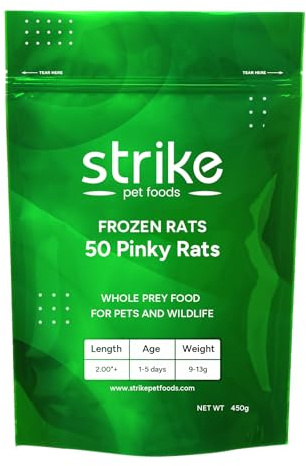 STRIKE Pinky Frozen Rats for Snake Food, Ideal Size for Ball Pythons, Large Carnivorous Lizards, Adult King Snakes and Rosy Boas (9-13 Grams) (2+ inches), 50 Count