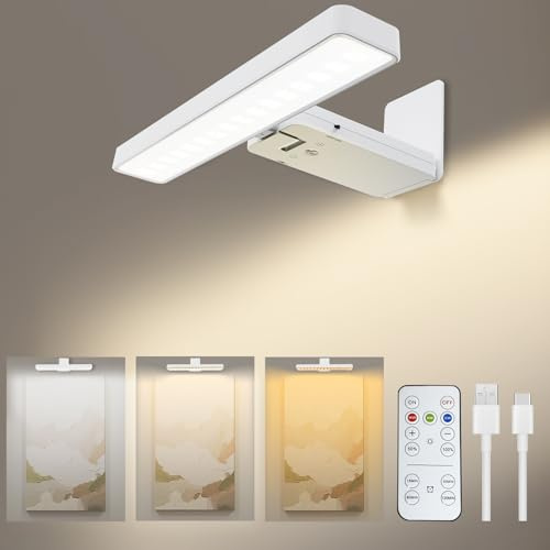 MIOBLUE Batteriebetriebene, wiederaufladbare Bilderrahmen-Leuchten für Wand, LED Akku Wandleuchten Dimmbar, Timmer mit Fernbedienung für Kunst, Gemälde, Galerie, Dartboard, 3-Farbmodi