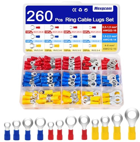 Mexgcom 260 Pcs Connettori Elettrici Terminali, Connettori Elettrici a Occhiello Anello 0,5-6 mm², Ø M4/M5/M6/M8, Connettore per Crimpatura per Cavi, Connettore Elettrico (RV-260PCS)