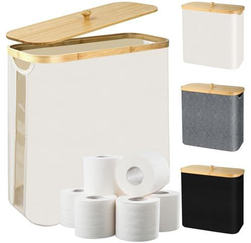 28L Cesta para Papel Higiénico con Tapa de Bambú, Cesta de Almacenamiento de Papel Higiénico de Bambú Plegable, Impermeable Organizador de Baño, Organizador de Papel Higiénico para 9-12 Rollos (Beige)