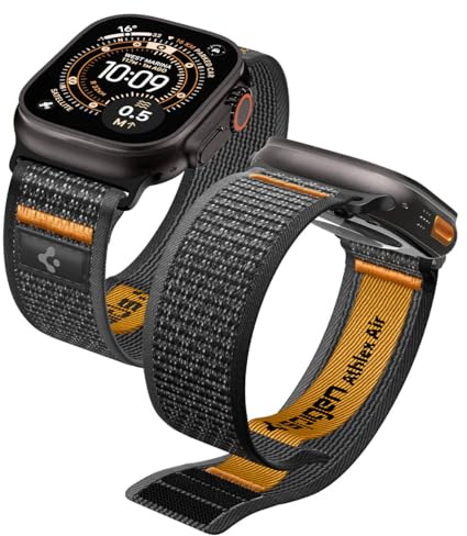 Spigen Athlex Air 2 Armband för Apple Watch Ultra 3/2/1 & Serie 11-4/SE | Nylonarmband med kardborreknäppning och färgade sömmar, för 49/46/45/44 mm – Aktiv Svart-orange
