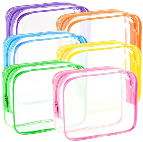 YOQIVEXU 6 Pieces Clear Makeup Bags Bulk, TSA Approved Toiletry Bag PVC Clear Cosmetic Toiletries Pouch with Zipper, Waterproof Vinyl Plastic Organizer Case for for Women Carry-on Travel Essentials