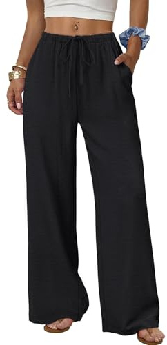 Cuptacc Pantalon Fluide Femme Été Décontracté Pantalon de Loisirs avec Cordon Palazzo Taille Haute