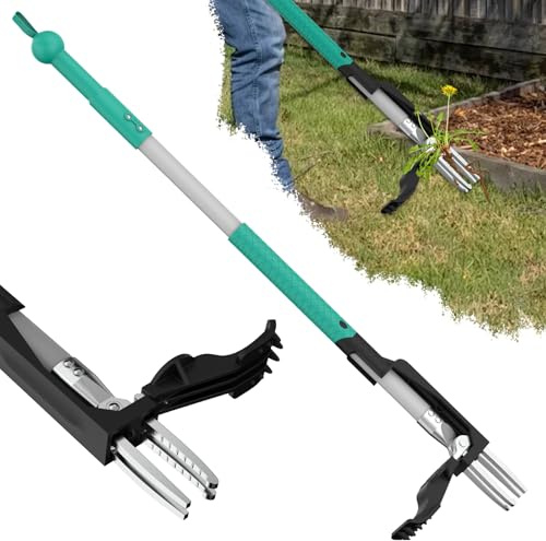 Ergohortus Removedor de malas hierbas, herramienta de eliminación de malas hierbas de pie con 4 garras, herramientas de deshierbe resistentes para jardín, herramienta de desbrozador de mango largo sin